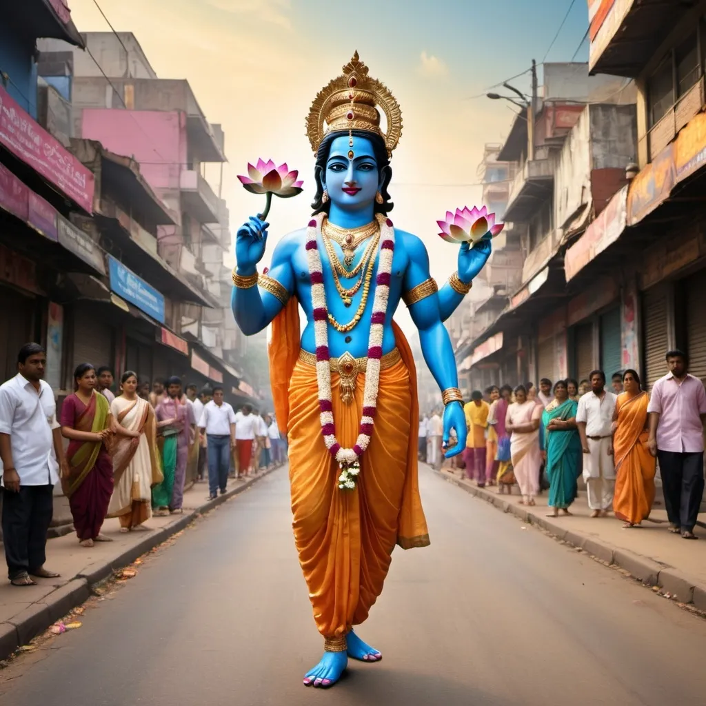 Prompt: "Imagine Lord Krishna, the revered Hindu god, strolling down a bustling road. He holds a colorful lotus flowers in his hand, which contrasts with his traditional attire and the lively urban backdrop. The scene blends the divine with the everyday, showcasing Lord Krishna's serene presence amidst the modern world."