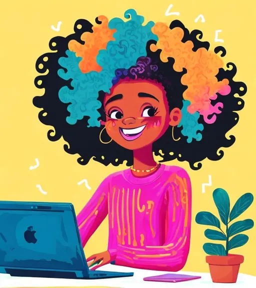Prompt: Cartoon illustration of a beautiful black girl, vibrant and colorful, sitting at a table with a printer and laptop, creative workspace, cheerful and focused expression, curly hair with bright highlights, artistic style, vibrant colors, cartoon, creative workspace, technology, cheerful expression, vibrant and colorful, laptop, printer, artistic
