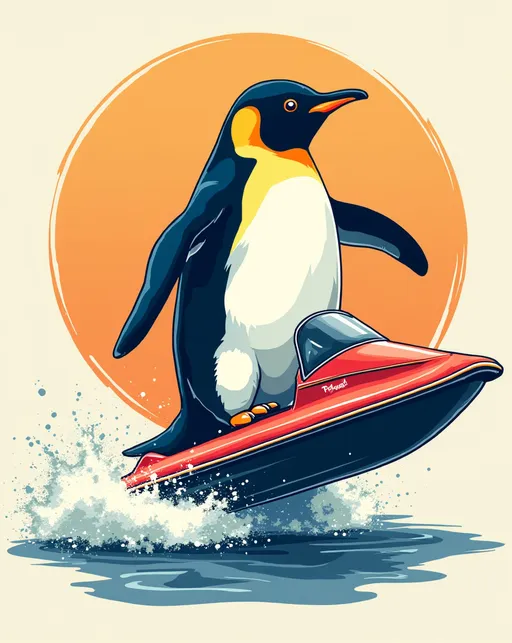 Prompt: penguin riding a jet skit, clean background, streetwear t shirt design