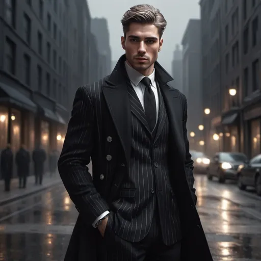 Prompt: High-quality digital painting of a stylish man in a black pinstripe coat, detailed silver buttons, confident stance, urban setting, moody atmospheric lighting, realistic rendering, tailored fashion, cool tones, professional, urban chic, elegant, high-res, detailed, digital painting, tailored outfit, stylish man
