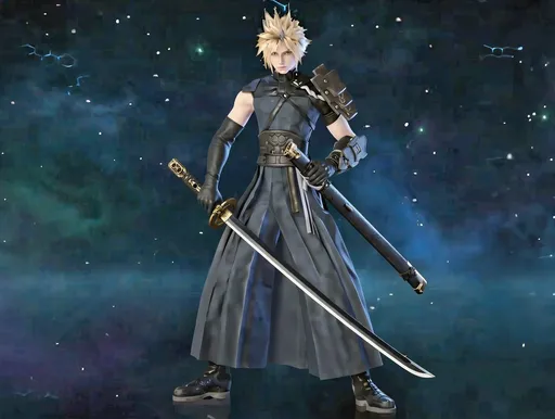 Prompt: have him hold the katana in his right hand and have the katana pointed at the ground and aimed at the right side and have the scabbard for the katana on his left side of the front of his waist and have his left hand over the scabbard