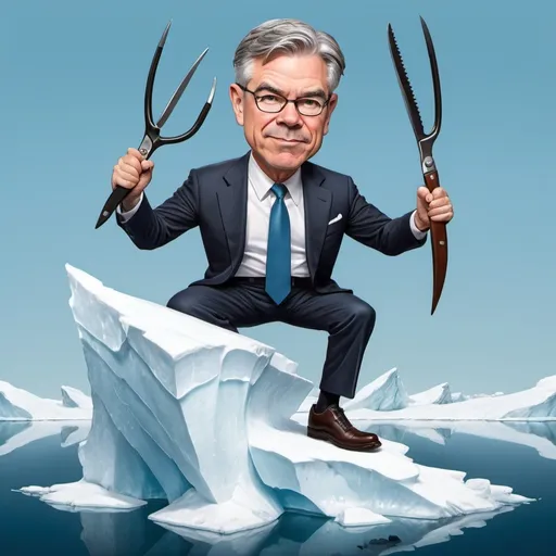 Prompt: Give me a caricature of Jay Powell on top of an iceberg cutting in the air with large shears or scissors

