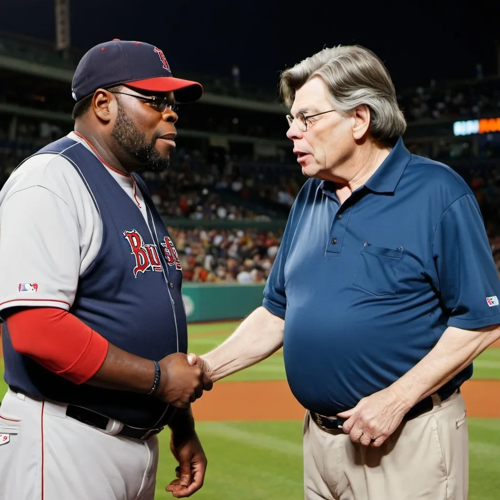 Prompt: Stephen King is talking with David Ortiz