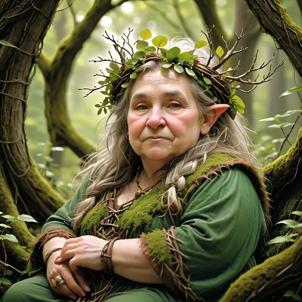 Prompt: A female old dwarf druid looking dreamy and blissful having twigs in her hair, being surrounded by nature