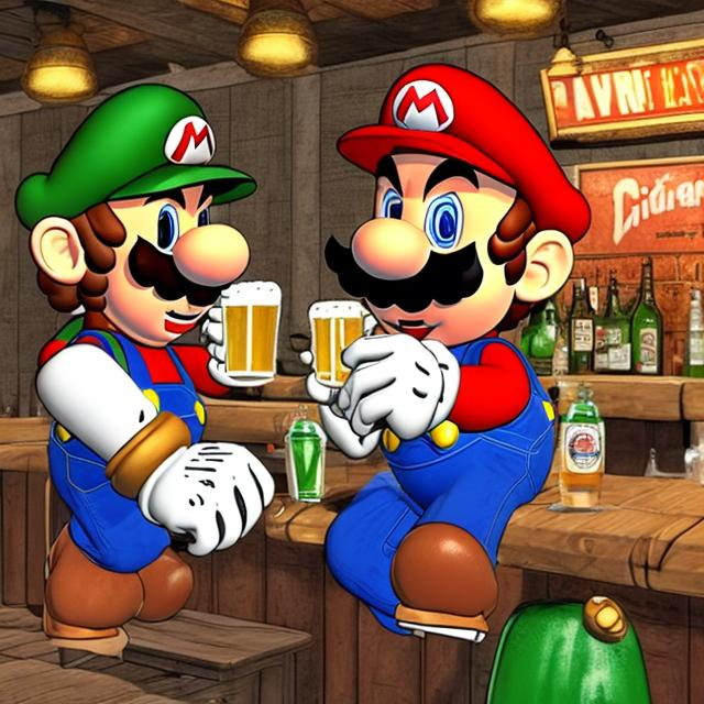 Prompt: Mario and Luigi drinking beer in a bar