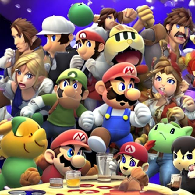 Prompt: Smash bros characters getting drunk at a party with beer