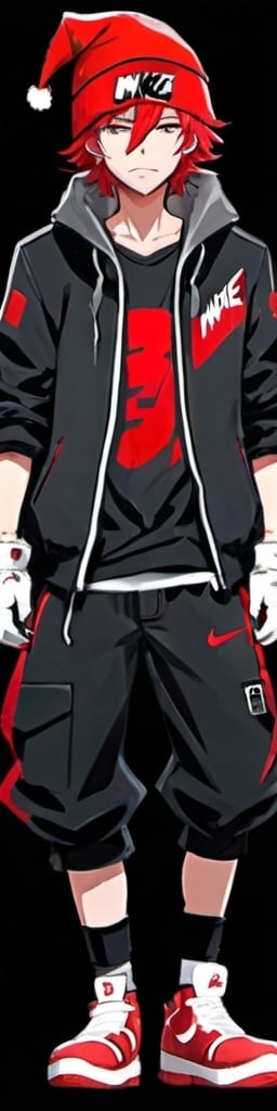 Prompt: Santa hat with red messy hair and cool black jacket with Nike kicks and is white, a boy and has cool red gloves on anime