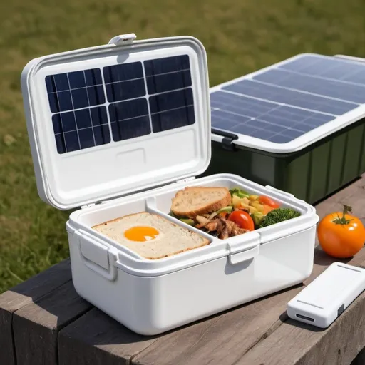 Prompt: a white self heating lunchbox with solar panels on the lid that chardges a bateri for the heating 