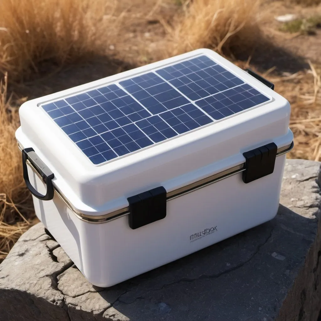 Prompt: a lunchbox that can heat it self with smal solar panels on top of it
