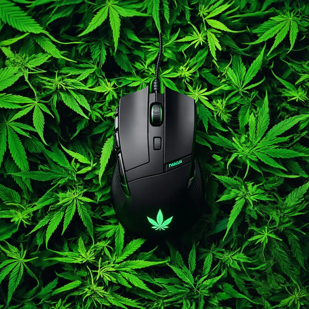 Prompt: Gaming mice in the center, Cannabis leaf's in the background, smokie atmosphere, darker colors