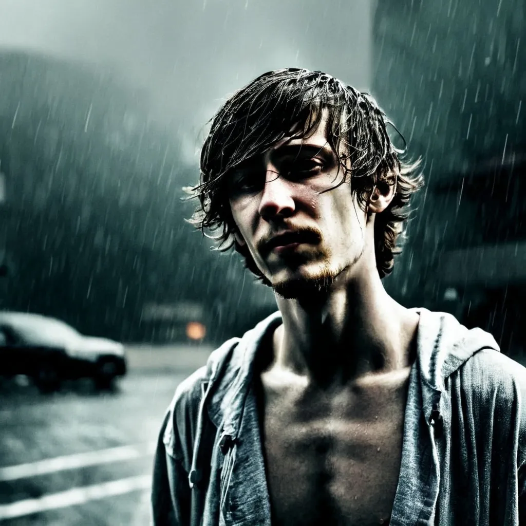 Prompt: Tall young men standing on the street while rain, detailed clothing, realistic, natural lighting