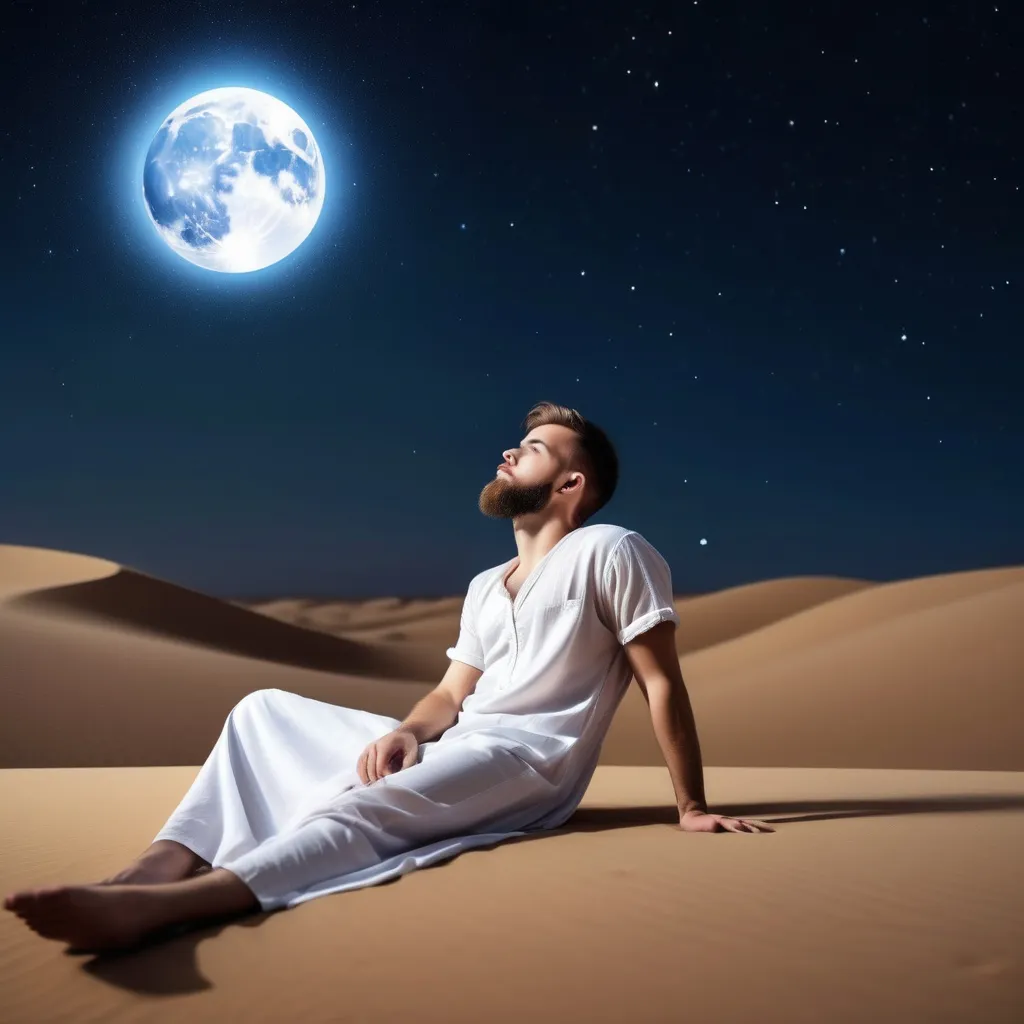 Prompt: A Young man with beard wearing white dress. Lying on a desert sand and looking at a big bright moon at night sky. The sky is fill with stars, galaxy. An oasis is nearby from the man.