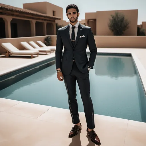 Prompt: a man standing next to a pool in a suit and tie with a watch on his wrist and a pair of shoes, Farid Mansour, aestheticism, handsome, a picture