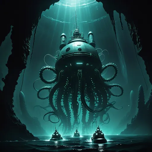 Prompt: 
‏	•	Description: A group of futuristic submersibles descending into a dark abyss. Below them, faint outlines of R’lyeh’s towers are visible, glowing with an unnatural light. Strange currents twist around the subs, and in the distance, massive tentacles are barely visible in the mu