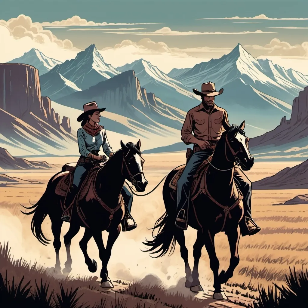 Prompt: Man and Woman cowboy on horse, riding towards large mountains on an open prairie, landfields, detailed, dark colors, dramatic, graphic novel illustration,  2d shaded retro comic book