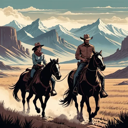 Prompt: Man and Woman cowboy on horse, riding towards large mountains on an open prairie, landfields, detailed, dark colors, dramatic, graphic novel illustration,  2d shaded retro comic book