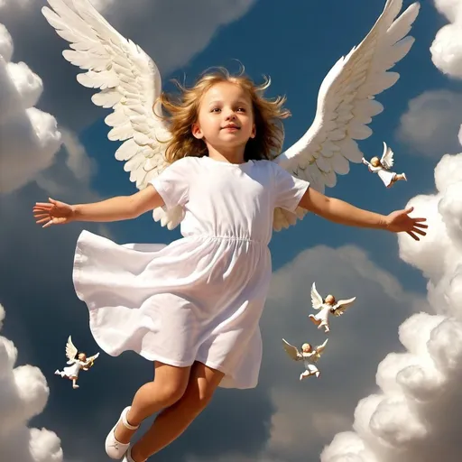 Prompt: a girl flying with angels