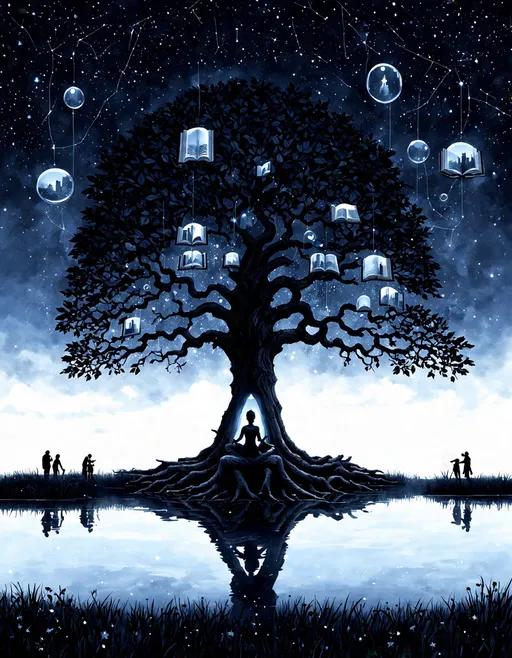 Prompt: Create a surrealist digital illustration exploring the nuances of support and connection. The image should have a calm, contemplative atmosphere:

Central focus: A large, ancient tree with a hollow trunk. Inside the trunk, place a person in a meditative pose, surrounded by soft, glowing light.

Branches: The tree's branches extend across the entire image, forming intricate patterns. Some branches carry leaves made of tiny screens or mirrors, each reflecting different scenes of support and absence.

Root system: Visible beneath the ground, the roots form a network resembling neural pathways or city streets. Some roots connect to small vignettes of people helping each other, while others lead to empty spaces.

Sky: A dreamy, watercolor-like sky with constellation patterns. Some stars are actually small, distant figures reaching out to each other.

Foreground: A calm pond reflecting the tree. The reflection sometimes matches the tree, sometimes shows a different scene entirely.

Throughout the image:
- Floating books with pages turning, some blank, some with illegible text
- Transparent bubbles containing miniature landscapes, some lush, some barren
- Delicate threads connecting various elements, some strong, some fraying
- Clock faces with hands moving at different speeds or standing still
- Small labyrinths with figures at various points within them

Style: Surrealist with elements of magical realism. Soft, muted colors with occasional bright accents. Emphasis on intricate details and smooth transitions between elements.

Recommendations:
1. Emphasize the importance of a calm, contemplative atmosphere throughout the image.
2. Encourage the AI to blend elements seamlessly for a dreamlike quality.
3. Suggest using a limited color palette with subtle variations to maintain cohesion.
4. Request multiple iterations, focusing on different aspects of support and connection in each.
5. Ask for versions with varying levels of detail to find the right balance of complexity and clarity.