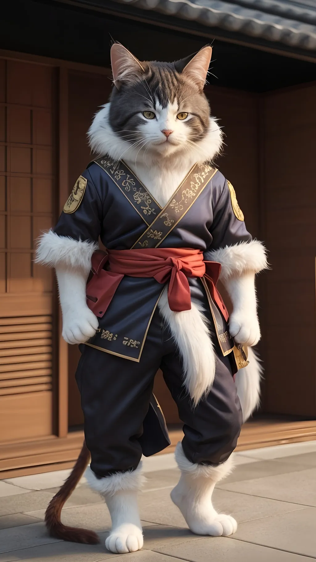 Prompt: <mymodel>a cat dressed in a costume standing in front of a building whith japan style, full body, Dai Jin, furry art, unreal engine highly rendered, a character portrait, Realistic, very detailet, full body front view