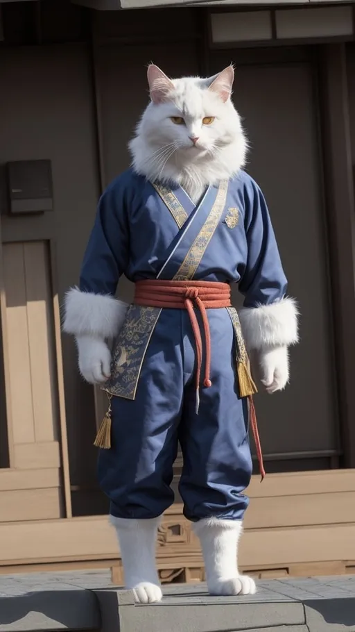 Prompt: <mymodel>a cat dressed in a costume standing in front of a building whith japan style, full body, Dai Jin, furry art, unreal engine highly rendered, a character portrait, Realistic, very detailet, full body front view