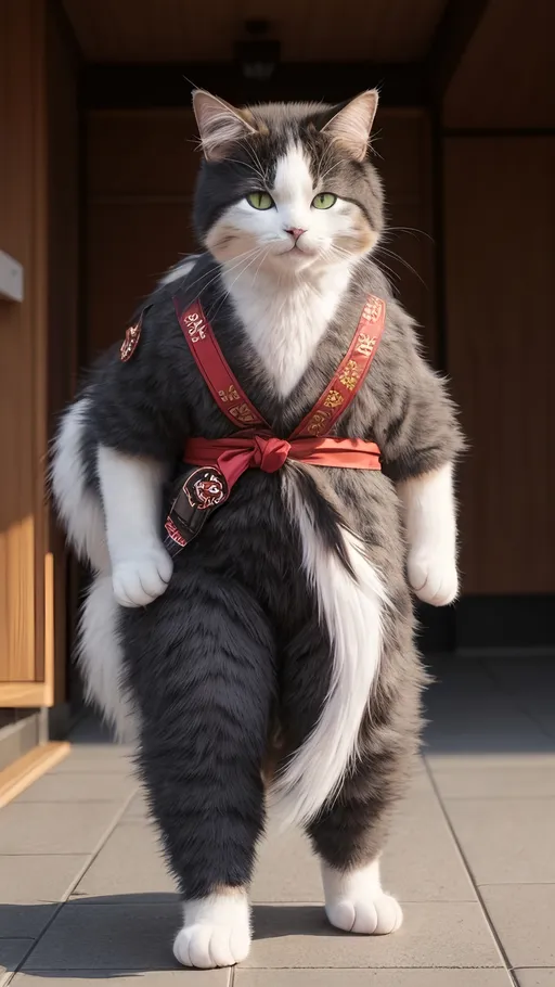 Prompt: <mymodel>a cat dressed in a costume standing in front of a building which Japan style, full body, Day Jin, furry art, Unreal Engine highly rendered, a character portrait, Realistic, very detailed, full body front view, true light, true texture,