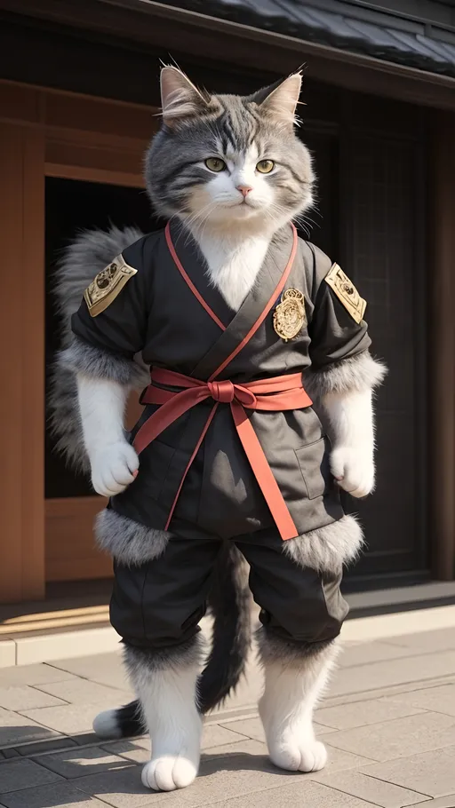 Prompt: <mymodel>a cat dressed in a costume standing in front of a building which Japan style, full body, Day Jin, furry art, Unreal Engine highly rendered, a character portrait, Realistic, very detailed, full body front view, true light, true texture,