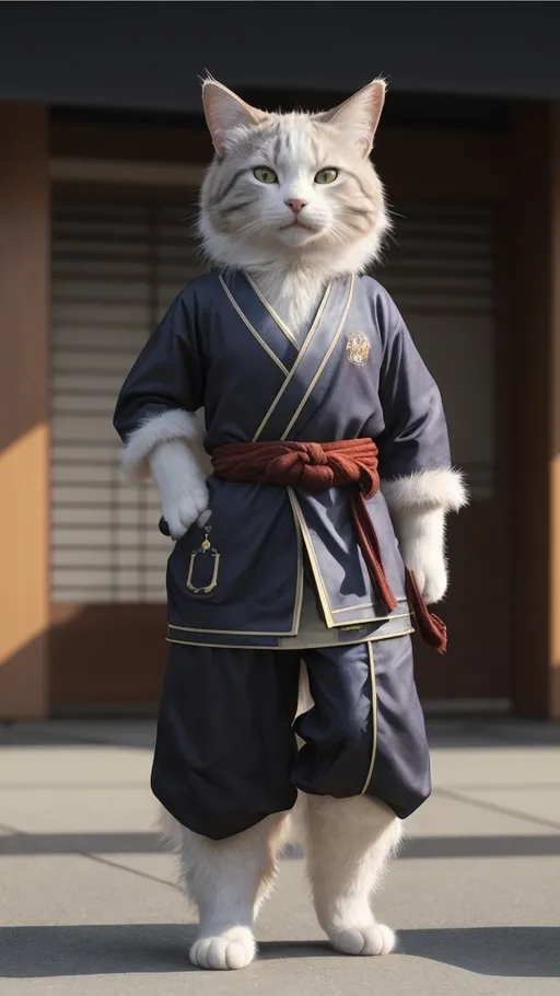 Prompt: <mymodel>a cat dressed in a costume standing in front of a building whith japan style, full body, Dai Jin, furry art, unreal engine highly rendered, a character portrait, Realistic, very detailet, full body front view