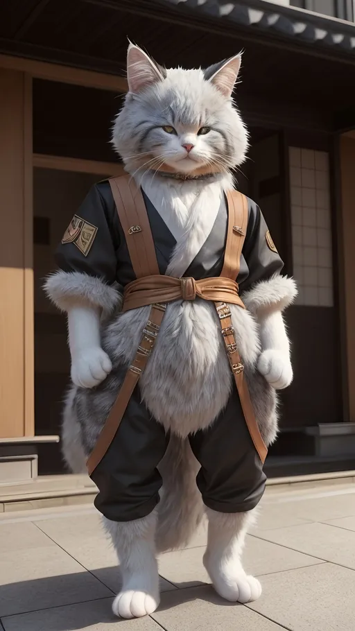 Prompt: <mymodel>a cat dressed in a costume standing in front of a building which Japan style, full body, Day Jin, furry art, Unreal Engine highly rendered, a character portrait, Realistic, very detailed, full body front view, true light, true texture,