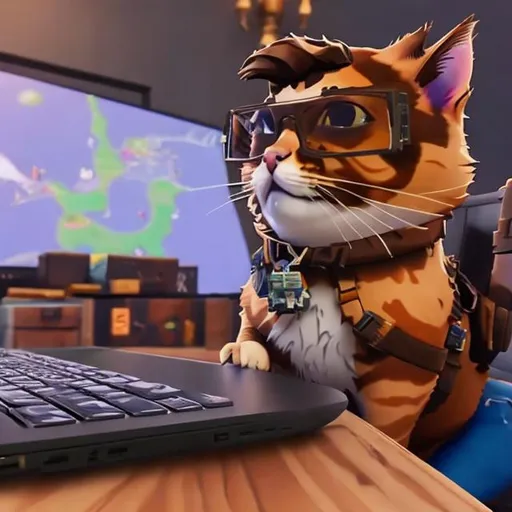 Prompt: a cat with glasses and brown hair playing Fortnite in a mansion