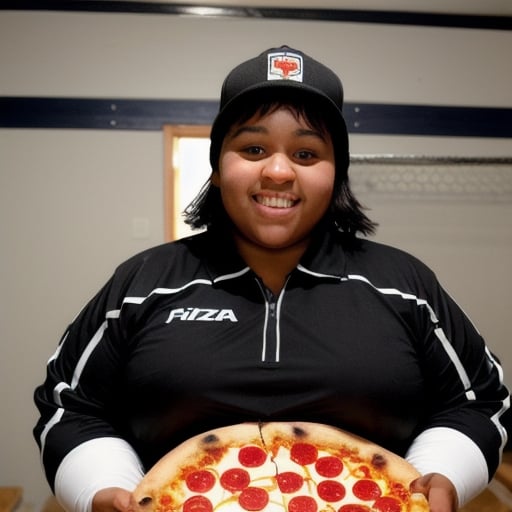 Prompt: a chubby black hockey player woman holding a pizza