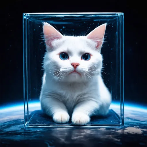 Prompt: A heavenly white cat trapped inside a glass cube, outer space, floating, vivid,  photo realistic