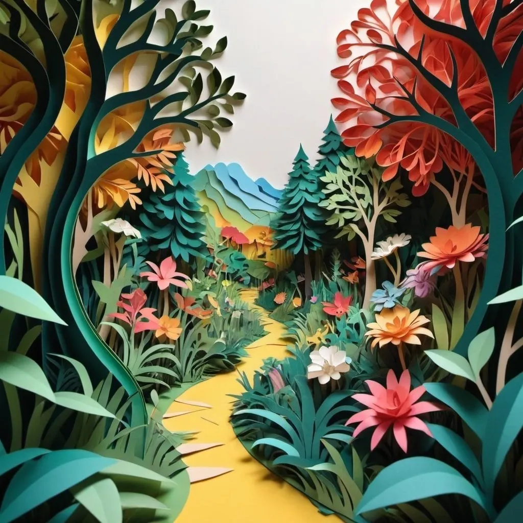 Prompt: Orphism, papercut, colorfull, nature, garden of eden, nordic, hyper realism, hyper realistic, 3d, very detailed, ultra HD