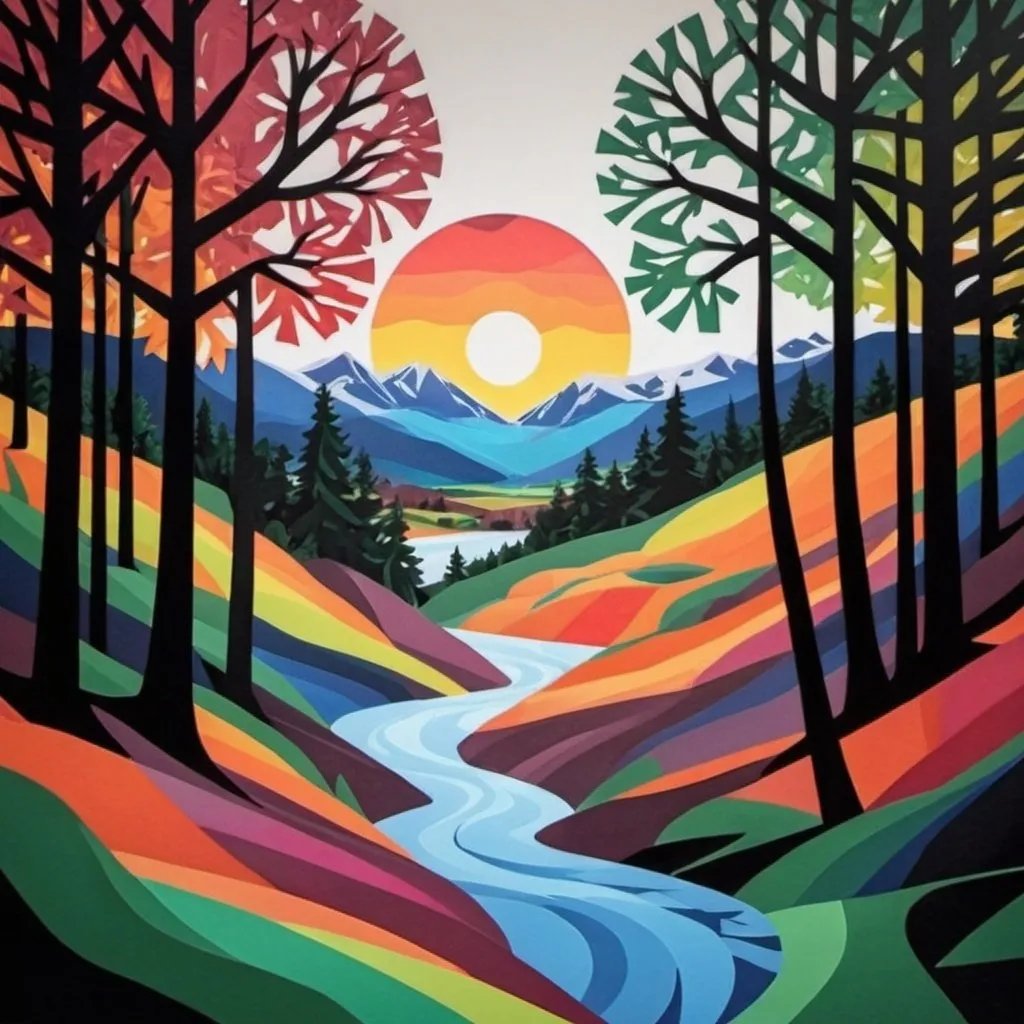 Prompt: Orphism, papercut, colorfull, nature, nordic, hyper realism