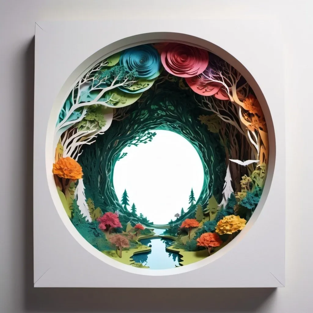 Prompt: (POV) there is a interdimensional portal on the white wall, inside the portal is an other fictional world made of papercut art. the color of the papers are follows their real life colors. the other world also have colors like our world, and more virgin nature. Hyper realistic, very detailed artwork