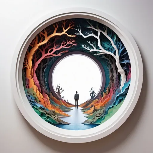 Prompt: (POV) there is a interdimensional portal on the white wall, inside the portal is an other fictional world made of papercut art. the color of the papers are follows their real life colors. the other world also have colors like our world, and there's strange creature. Hyper realistic, very detailed artwork