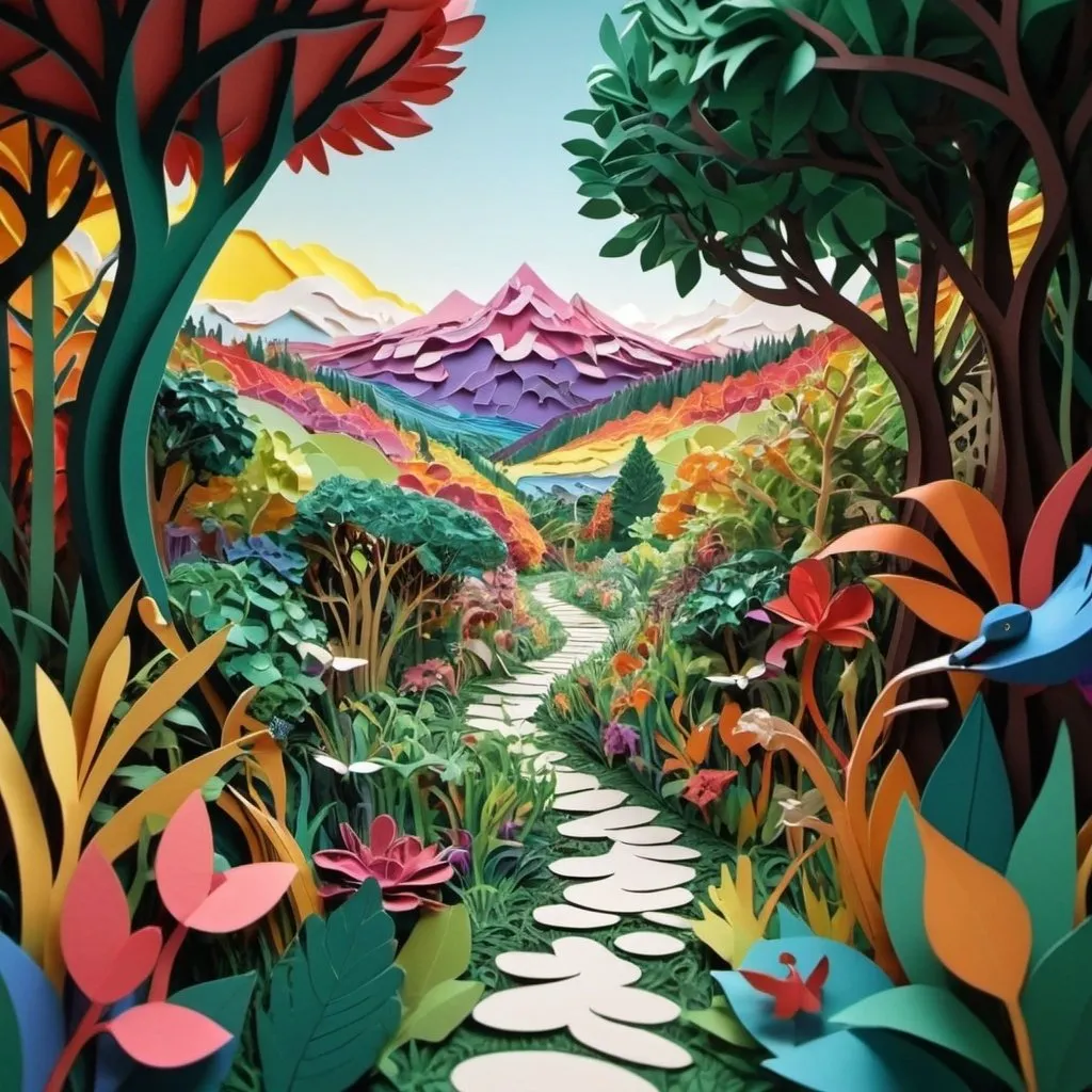 Prompt: Orphism, papercut, colorfull, nature, garden of eden, surrealism, nordic, hyper realism, hyper realistic, 3d, very detailed, ultra HD