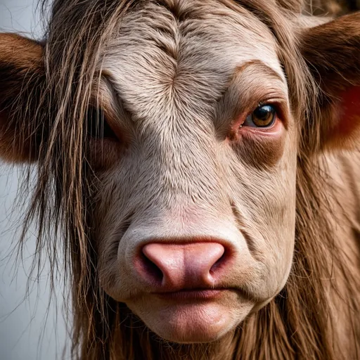 Prompt: a woman has thin cow hair growing on her face and body, her nose is shaped like a cow's nose. thin cow hairs rarely grew all over her face. Her face is still human face, her ears also normal human ears.
