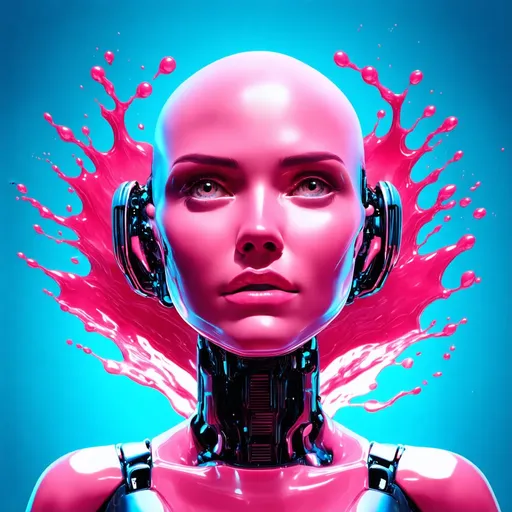 Prompt: Realistic illustration of sci-fi character, woman, humanoid, her head splash like bubble gum, glossy robotic body, artificial eyes, bald robotic head