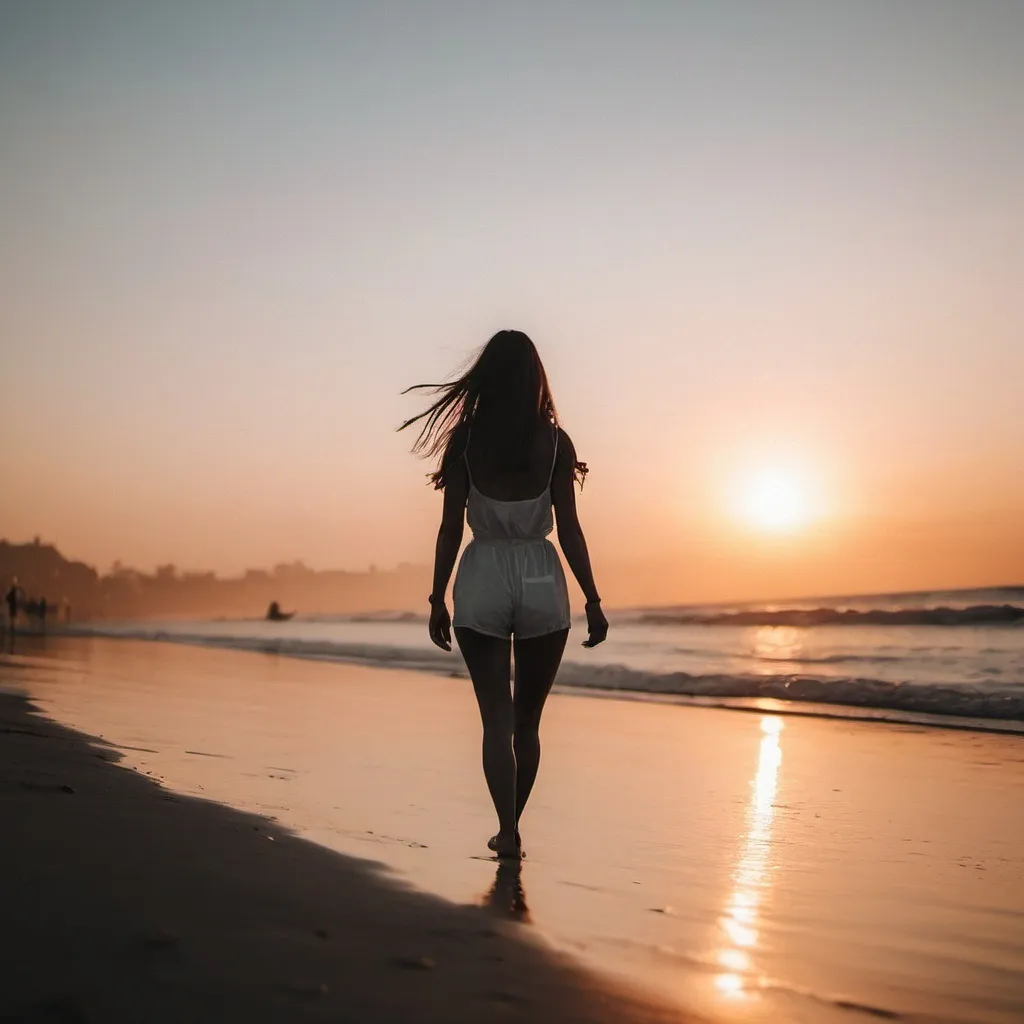 Prompt: A girl walks in sunset beach