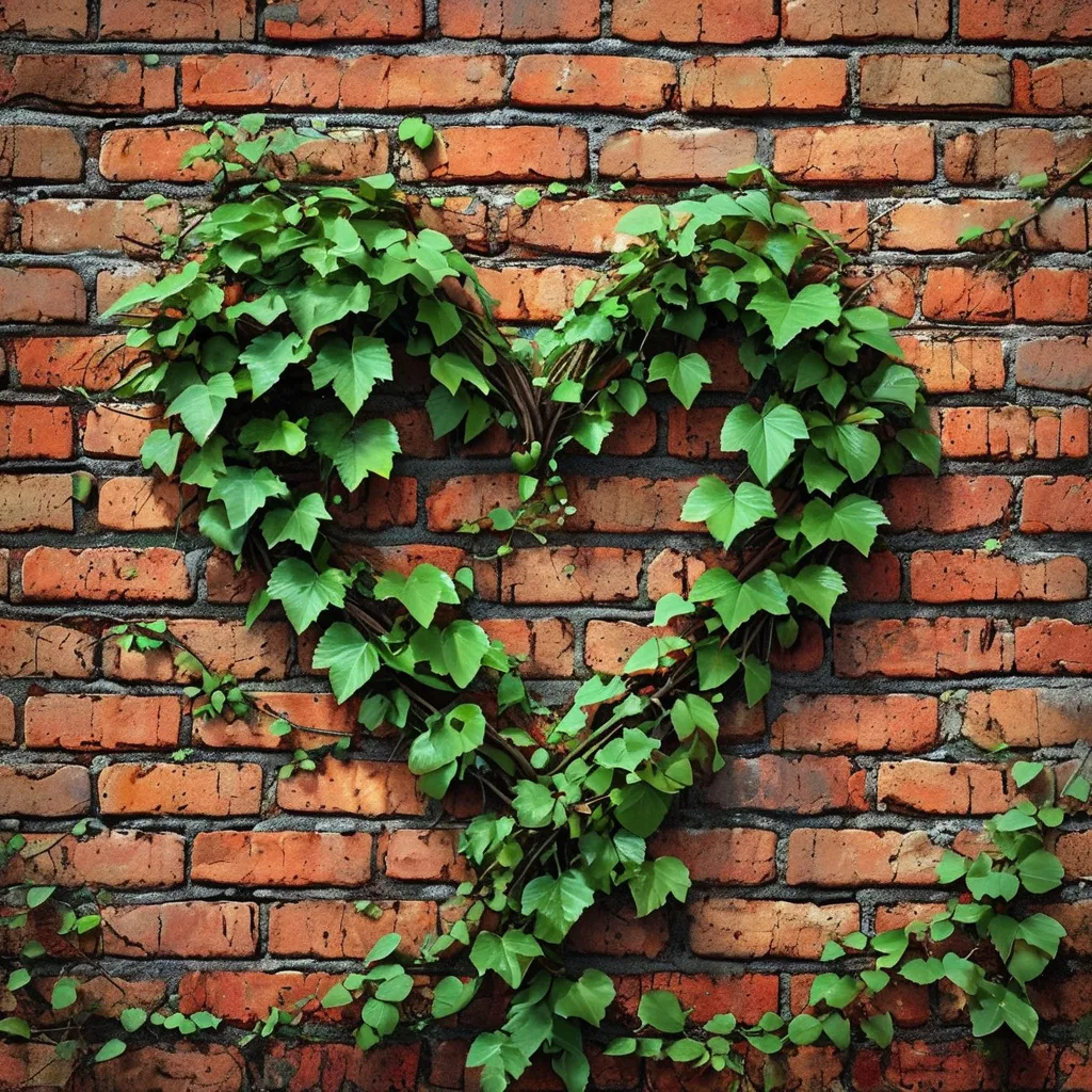 Prompt: Brick wall with vines that form a heart