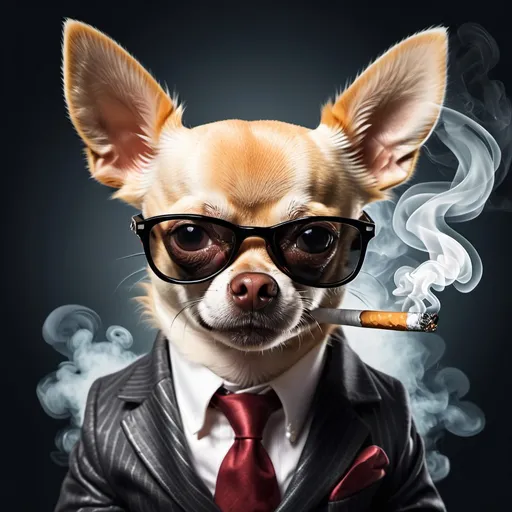 Prompt: create an angry gangster  chihuahua wearing sunglasses with smoking cigarette in the corner of her mouth