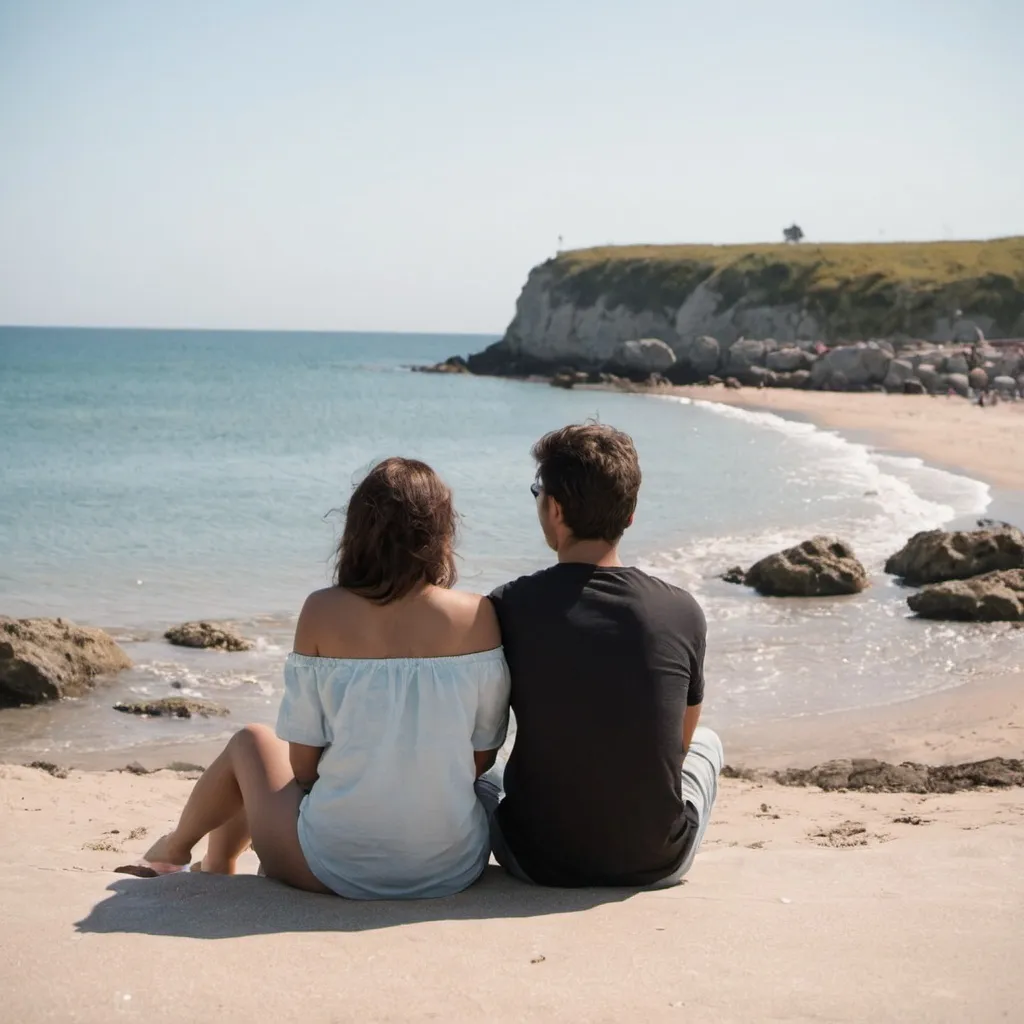 Prompt: A cute couple sat near the beach 