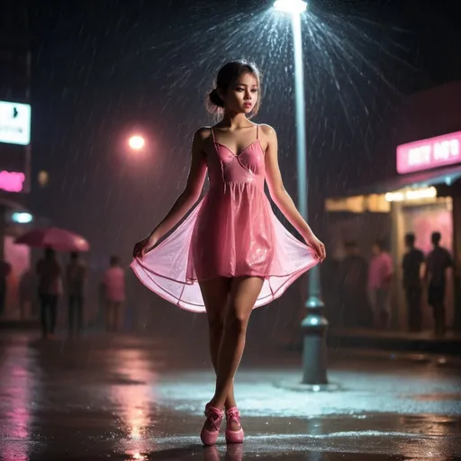 Prompt: dark street dance girl ware very short pink color transparent frock. that girl show using turned on street lamp. she is stand under the lamp. background is dark. little raining . she is wet. body figures are showing under the dress.