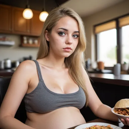 Prompt: Side view of A tremendously stunningly beautiful girl next door look, young 19 year old pregnant woman sitting at a table. Dark eye liner. There is a ton of food on the table including chicken, rice, ribs, fish, steak, tacos, beans, cake, pies. She is holding a vitamin. She is wearing dark eye shadow and dark eye liner. She is slender, but curvy. Wide angle view from the side. can see her legs and the side of her pregnant belly. She is wearing jean shorts and a very stretched out long gray tank top. Wide angle view from the side. She has hazel eyes and is wearing eye shadow. Resting bitch face. Side view. Side view. Side view. Very long Blonde hair. Pregnant. She ate a ton of food and her face looks very uncomfortable. Beautiful and young looking. Only 18 years old. Wide angle view from her side. 