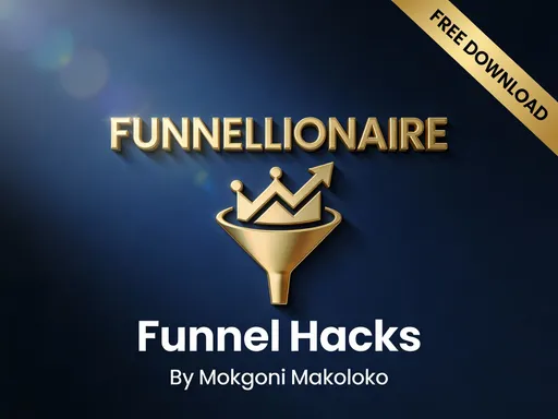 Prompt: **Style:** Professional digital ebook cover, photorealistic 3D render
**Subject:** A premium ebook titled "FUNNELLIONAIRE" with subtitle "Funnel Hacks"
**Visual Elements:**
- Deep navy blue gradient background, dark to medium blue
- Metallic gold foil text effect for main title "FUNNELLIONAIRE"
- Clean white sans-serif text for "Funnel Hacks" below
- Minimalist funnel icon in center, transforming into an upward trend line or crown shape
- Author name "By Mokgoni Makoloko" at bottom in white
- Subtle lens flare/glow effect on gold elements
- Professional business/finance aesthetic
**Color Palette:** Navy blue, gold/brass, white, dark charcoal
**Mood:** Authoritative, premium, successful, trustworthy
**Lighting:** Studio lighting with soft shadows, front-lit
**Additional:** Add "FREE DOWNLOAD" banner in gold across top right corner
**Aspect Ratio:** 3:4 (vertical ebook format)