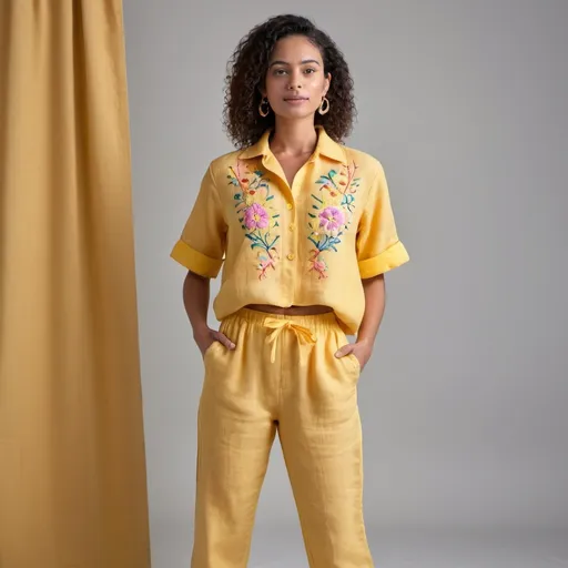 Prompt: professional product photo of a colorful co ordinate set of a linen shirt and a pant in yellow color with  some mid bright and pastel color tiny embroidery on top in front