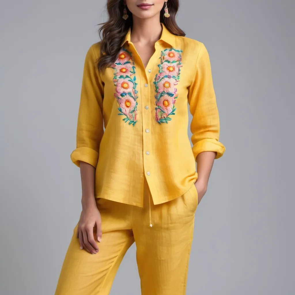 Prompt: professional product photo of a colorful co ordinate set of a linen shirt and a pant in yellow color with  some mid bright and pastel color tiny embroidery on top in front