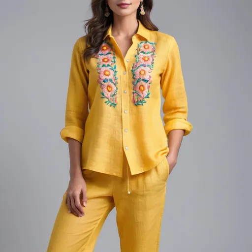 Prompt: professional product photo of a colorful co ordinate set of a linen shirt and a pant in yellow color with  some mid bright and pastel color tiny embroidery on top in front