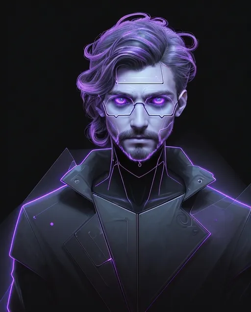 Prompt: Cinematic portrait of a synthetic humanoid male with pale, lightly freckled skin, wearing clear rectangular glasses that reflect cascading corrupted code. His hairstyle is precise and striking — a curly strawberry blonde mullet with layered volume, faded sides, and soft texture along the top and crown. The facial hair is subtle but defined, featuring a close-trimmed reddish beard outlining the jawline and upper lip. His expression is emotionally neutral, eyes distant and unfocused, like a memory loop trapped mid-load. One eye glows faint white; the other flickers with RGB static glitches, distorted as if pixel integrity is breaking down.

The face shows visual decay: soft chromatic aberration splitting the edges, faint pixel drift along the jaw, and scanline interference running diagonally across the cheek and brow. Beneath the translucent skin, faint glowing neural threads suggest a corrupted bio-digital nervous system. He wears a high-collar black techwear jacket that fades into glitch particles and corrupted geometry around the shoulders and neck.

The background is a cold, abstract void — a black datafield layered with violet static, hex-coded fog, and pulsing binary fragments. The lighting is cinematic and directional: cold cyan and deep violet highlights carve dimensional shadows along his cheekbones, with slight lens bloom around areas of digital corruption. VHS static overlays, databending distortions, and RGB ghosting effects degrade the perimeter of the frame, as if the portrait itself is an unstable file pulled from a fragmented memory server. The image should feel like a surreal, post-human identity scan — broken, beautiful, and aware of its own collapse.