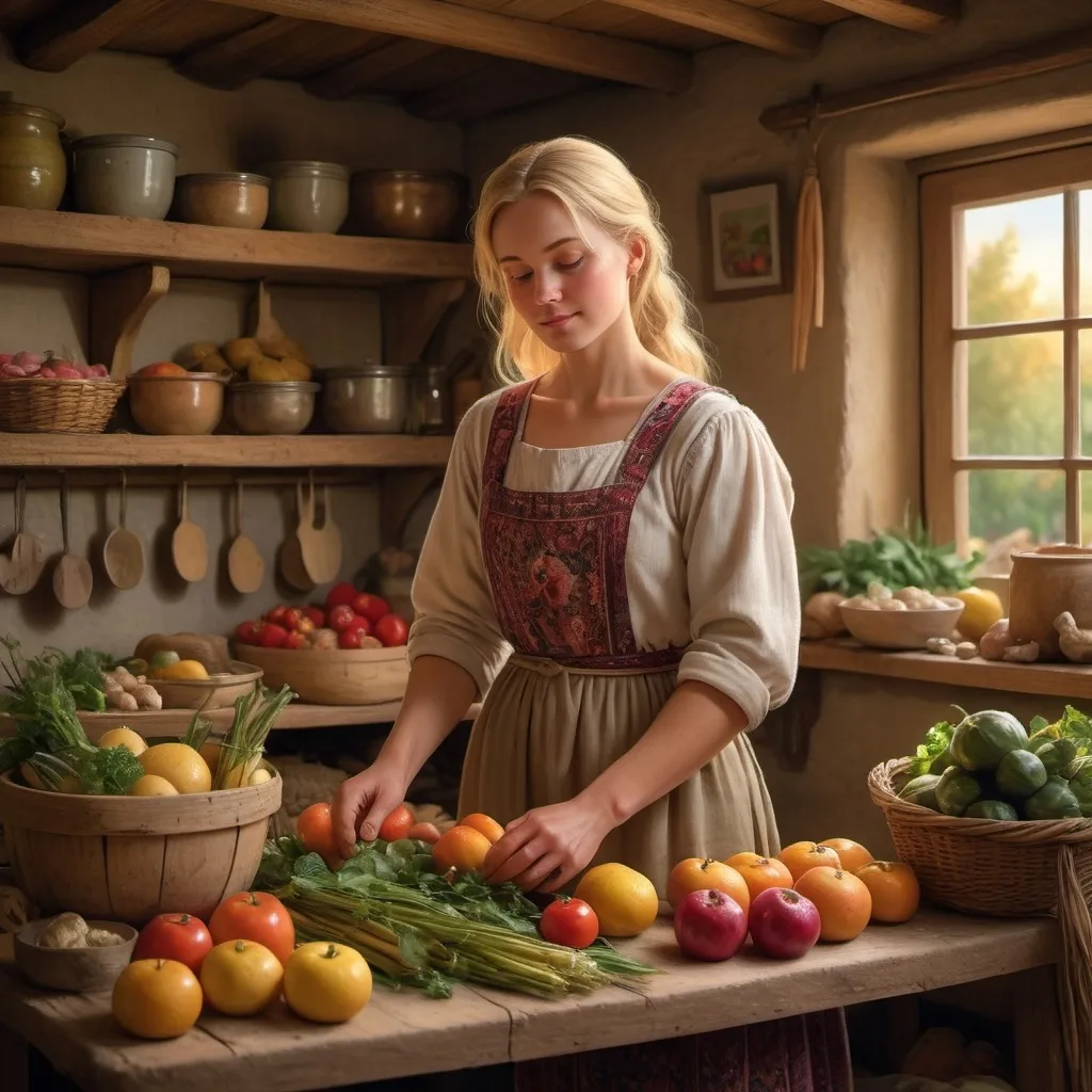 Prompt: A devoted village woman named Sarah, with blonde hair and a warm, caring demeanor, wearing a simple dress, preparing provisions in a rustic kitchen. She is surrounded by fresh produce and homemade goods, with an inviting and cozy atmosphere.
